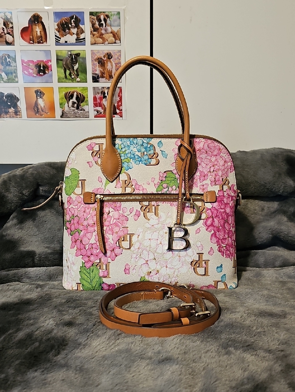Dooney & Bourke Pink Floral Satchel with Tan Handles